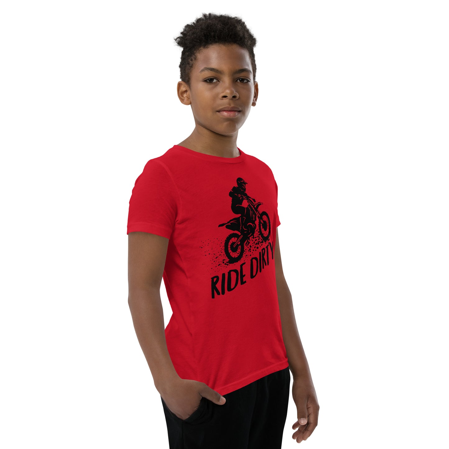 Child wearing a red short-sleeve shirt with black dirt bike graphic and 'Ride Dirty' text