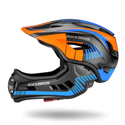 Orange, black, and blue helmet with 'RockBros' branding on a white background
