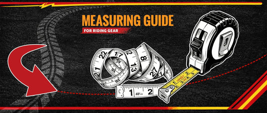Measuring guide for riding gear with tape measure illustrations on a black background.