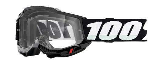 Black goggles with a clear lens featuring the '100%' logo on a white background