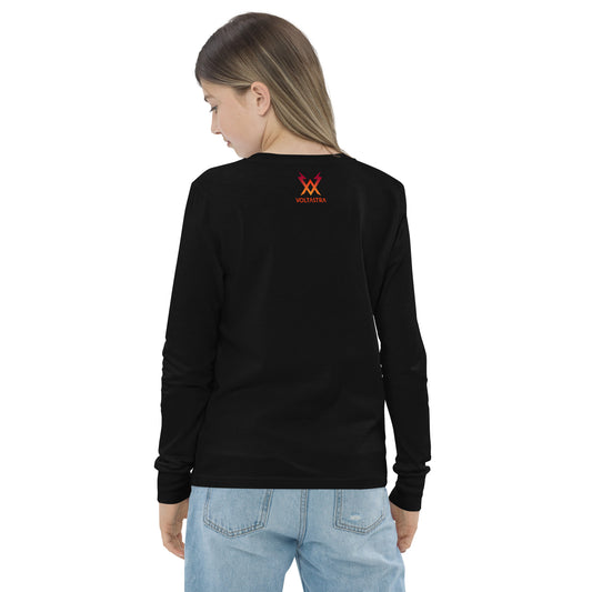 The back view of a black long-sleeve shirt with a red/orange Voltastra logo on the upper back