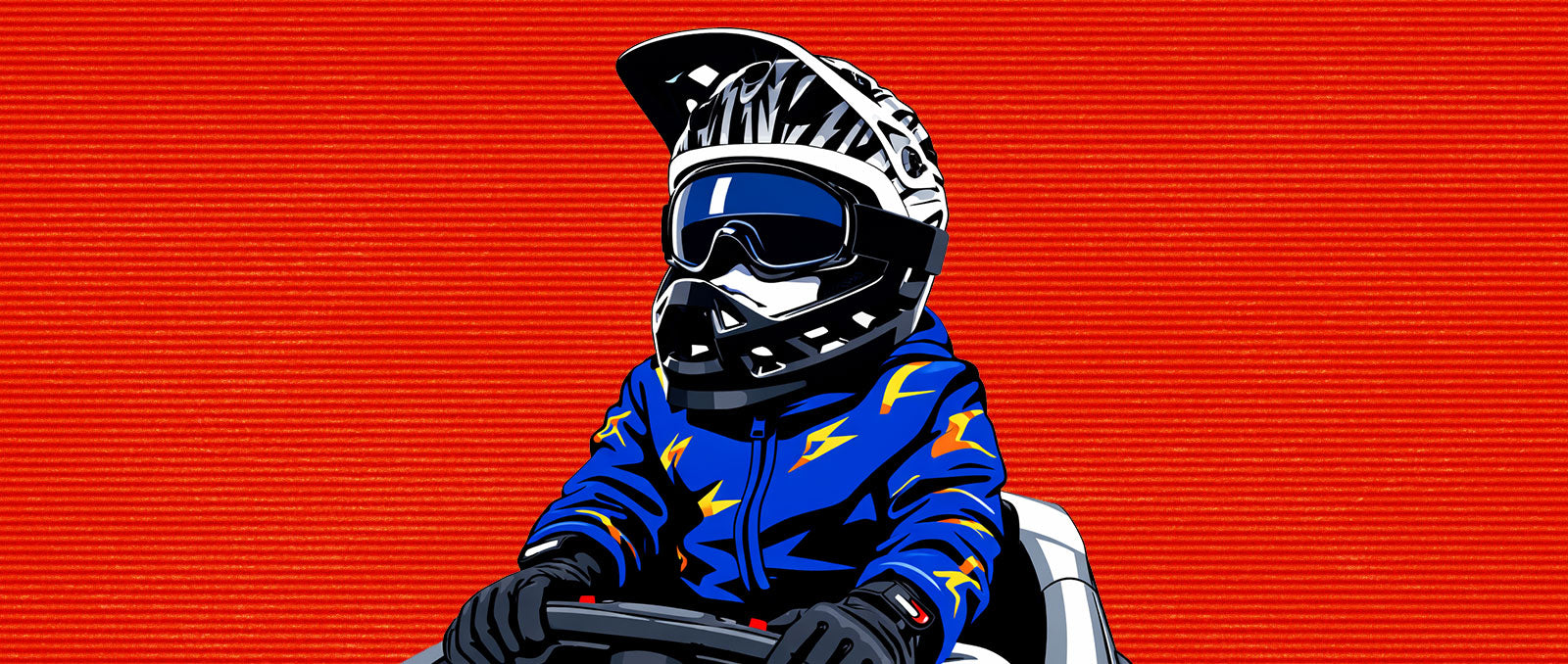 Kid in motocross gear with helmet and goggles on a red background
