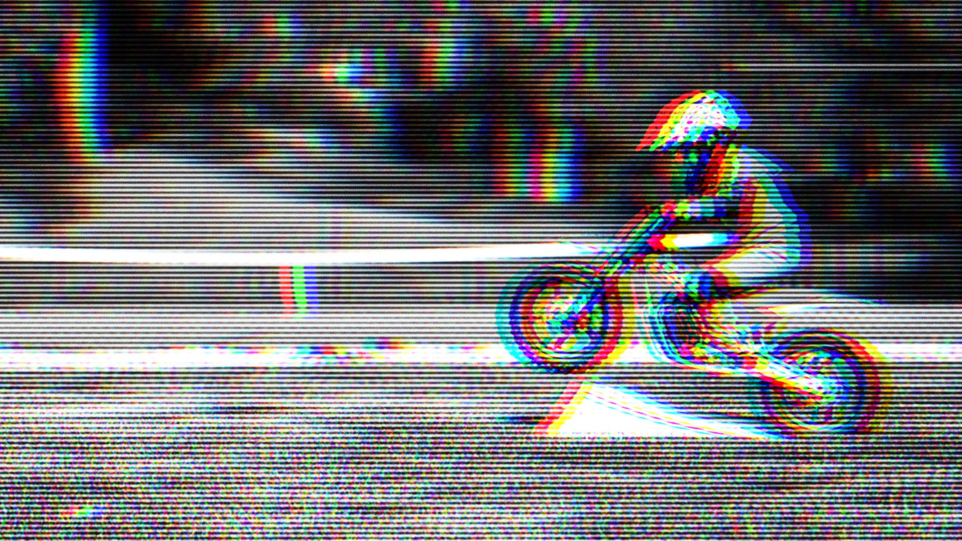 Kid wearing a helmet jumping a dirt bike off a ramp with a glitch effect overlay