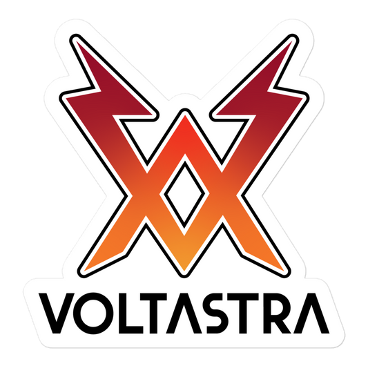 Logo of Voltastra with a red and orange design on a white background