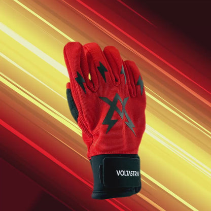 Spinning image of red gloves with the voltastra logo on the back and reinforced pads on the interior