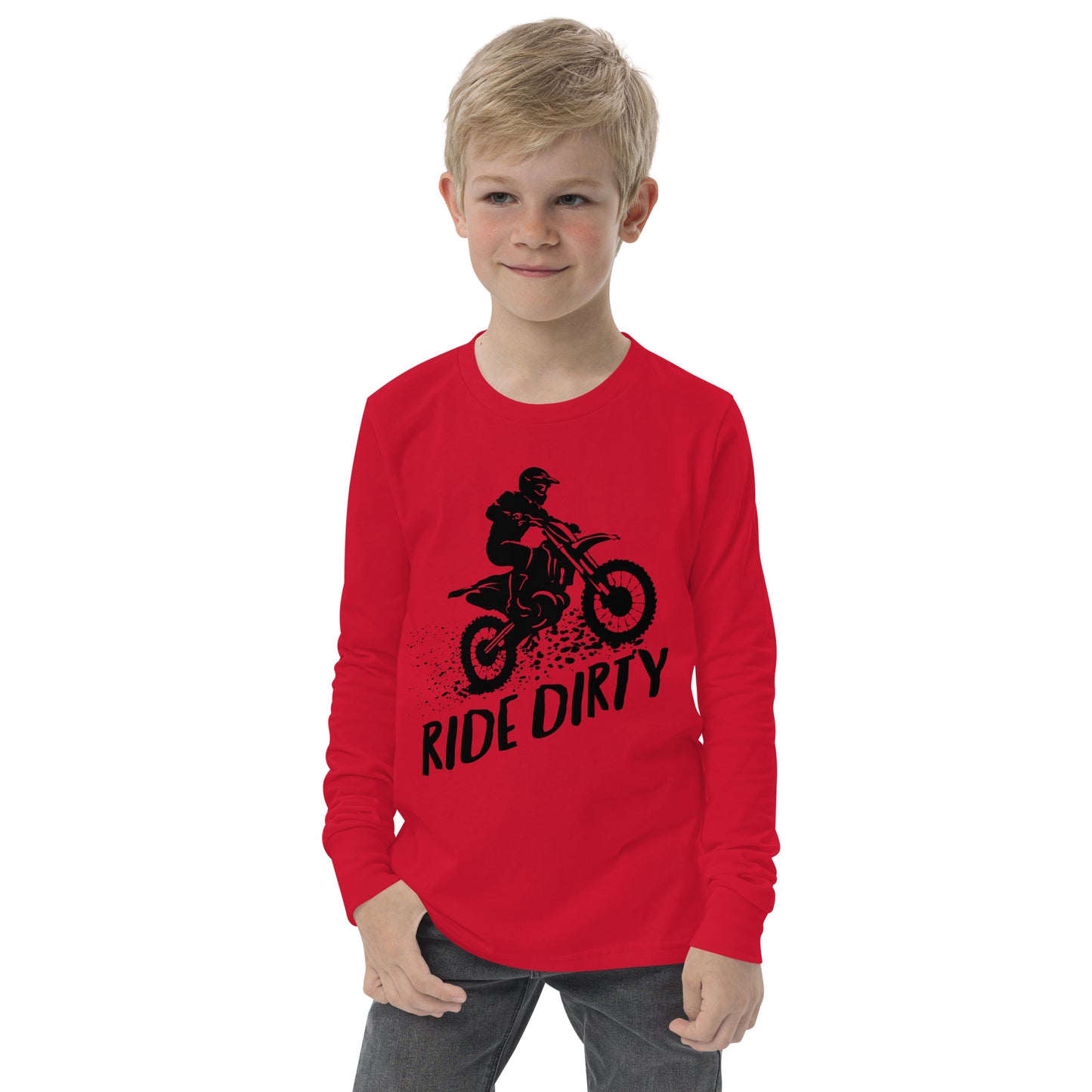 Child wearing a red long-sleeve shirt with black dirt bike graphic and 'Ride Dirty' text