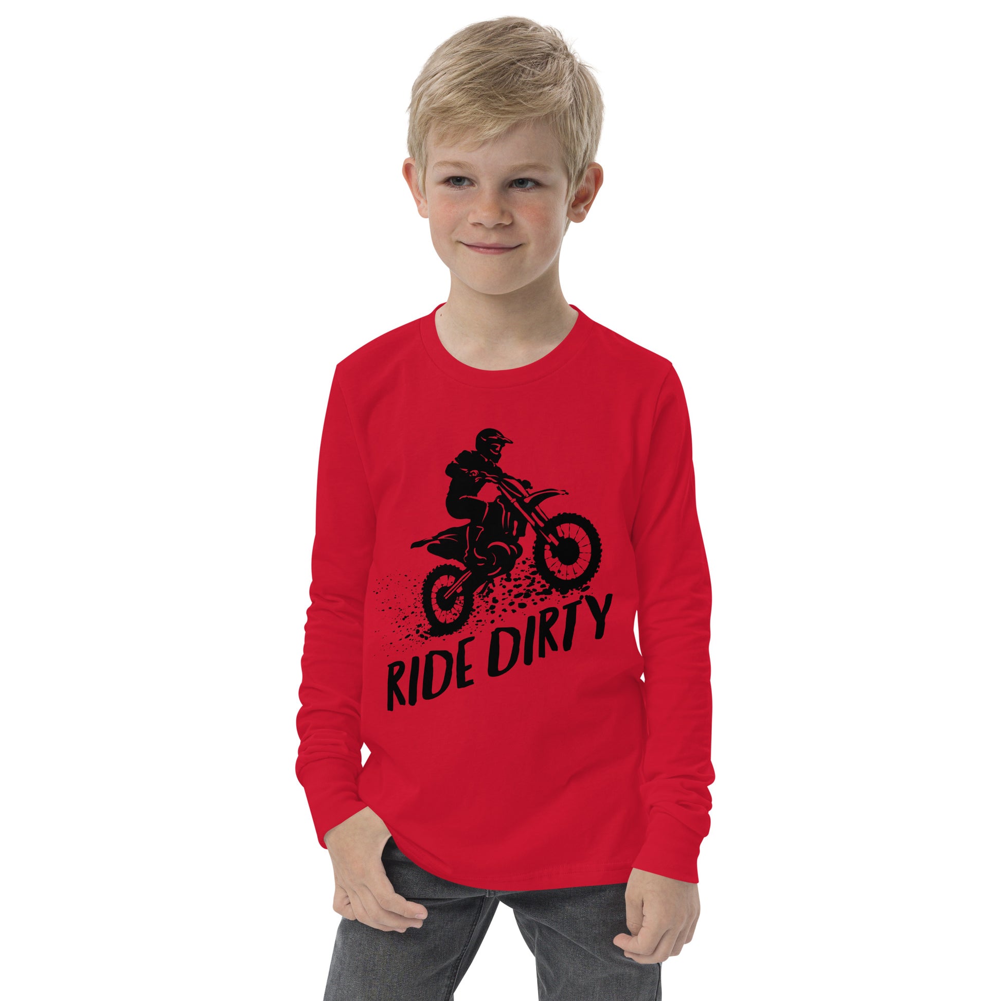 Child wearing a red long-sleeve shirt with black dirt bike graphic and 'Ride Dirty' text