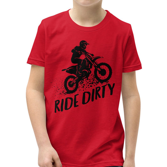 Child wearing a red short-sleeve shirt with black dirt bike graphic and 'Ride Dirty' text
