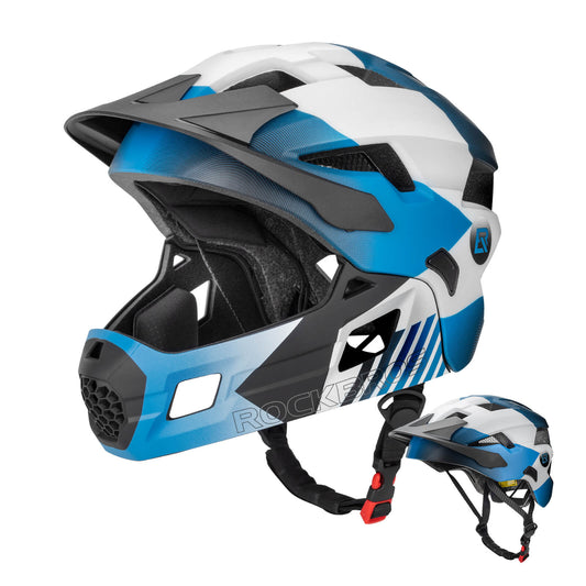 Blue, white, and black full-face helmet next to the helmet with detached chin guard.
