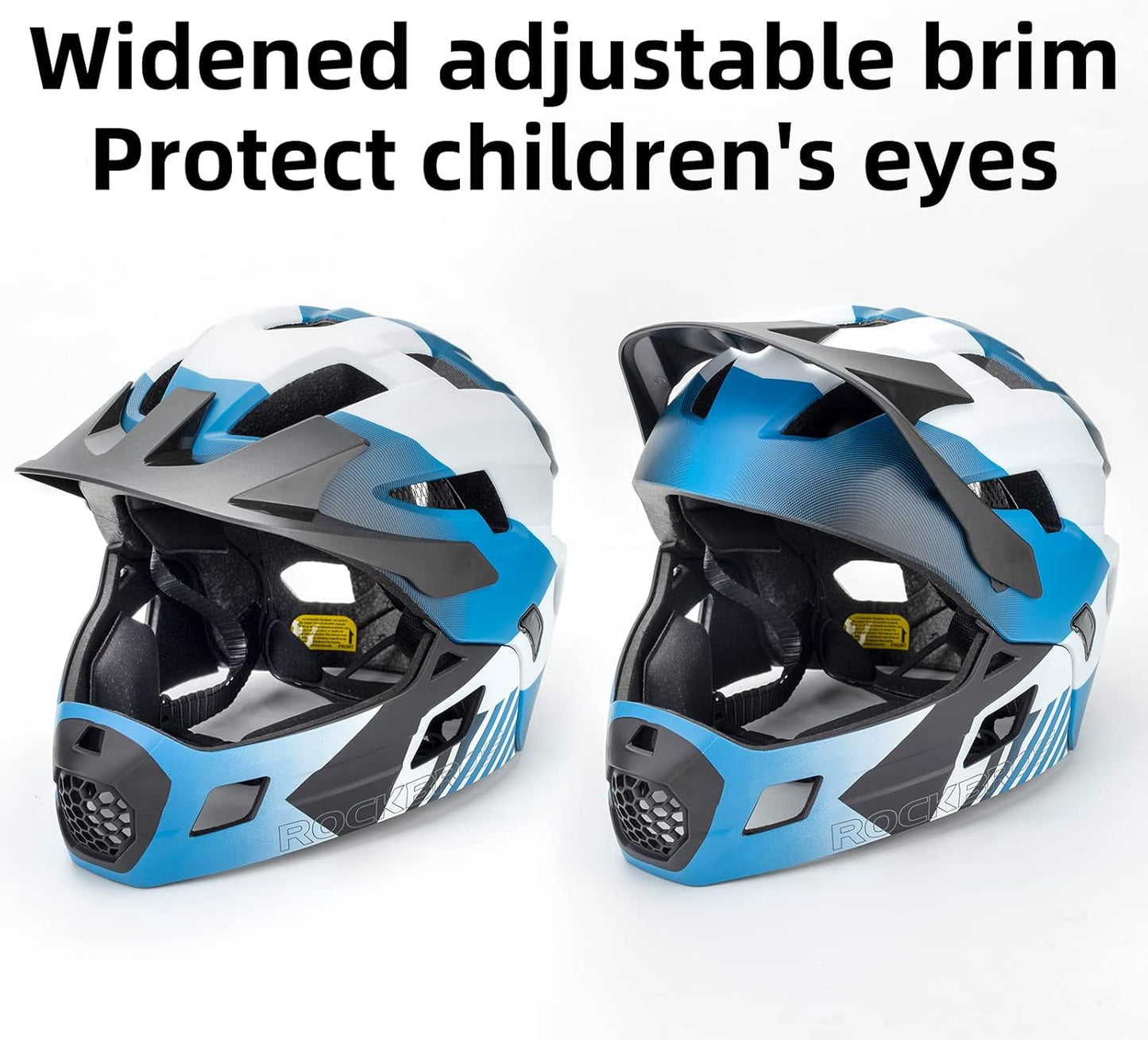 Blue and white helmet with widened adjustable brim on a white background