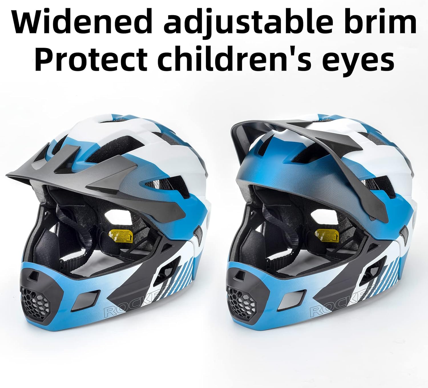 Blue and white helmet with widened adjustable brim on a white background