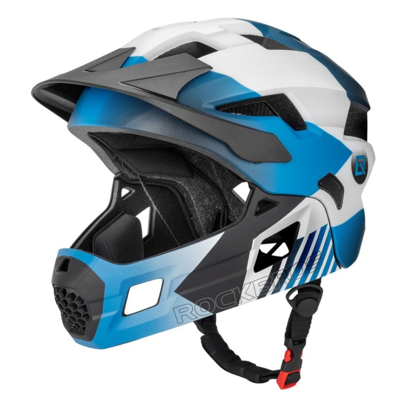Blue, black, and white helmet with 'ROCKBROS' branding on a white background