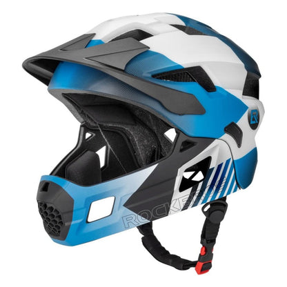 Blue, black, and white helmet with 'ROCKBROS' branding on a white background