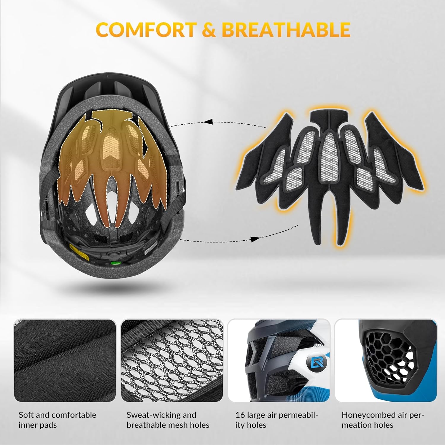 Helmet with detailed features highlighting comfort and breathability on a white background.