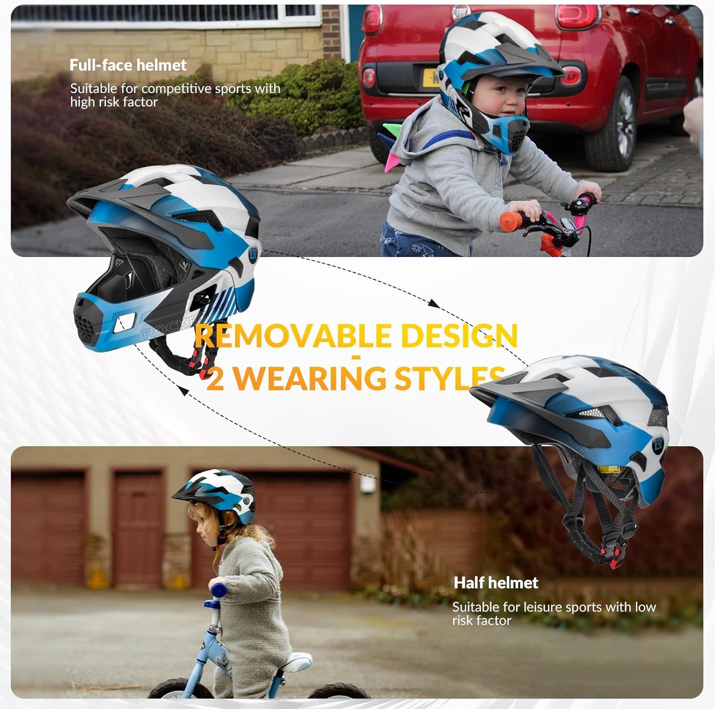 Child wearing a full-face helmet and half helmet, with product images and text on a white background.