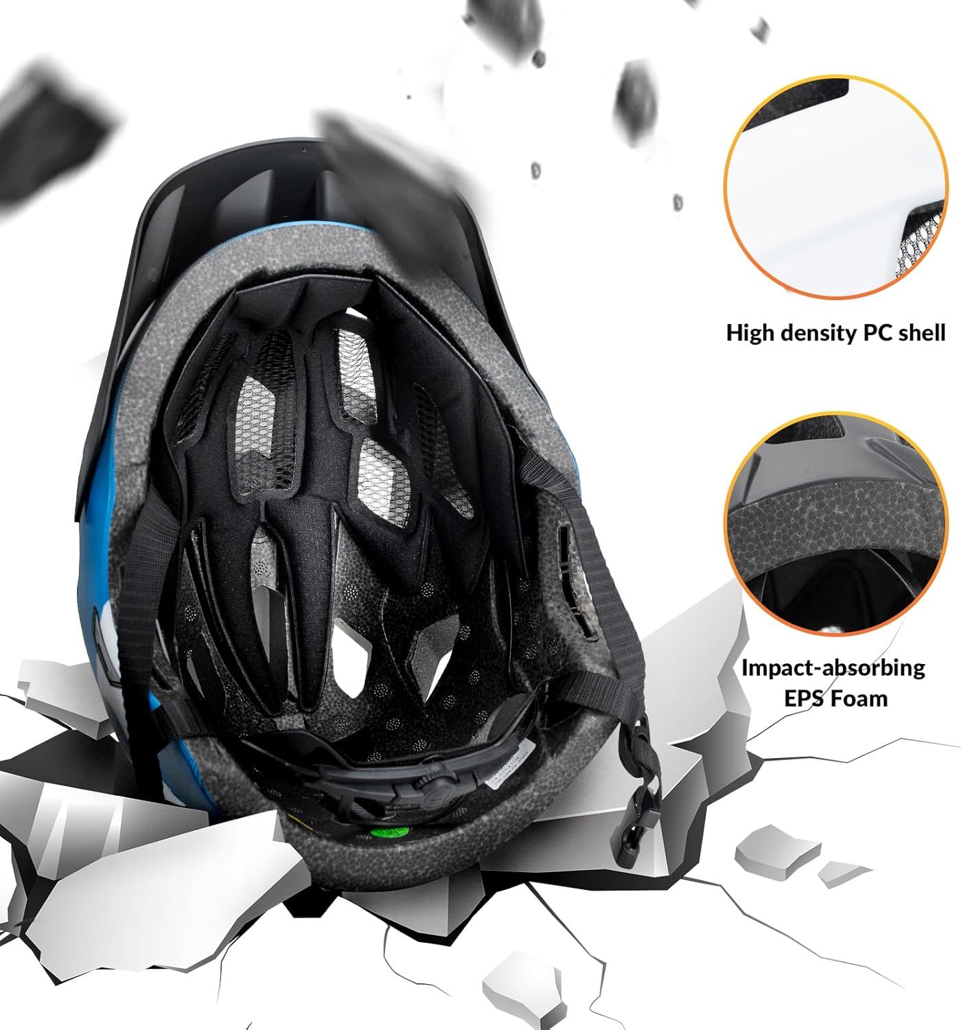 Black helmet with high-density PC shell and impact-absorbing EPS foam, surrounded by shattered white material.