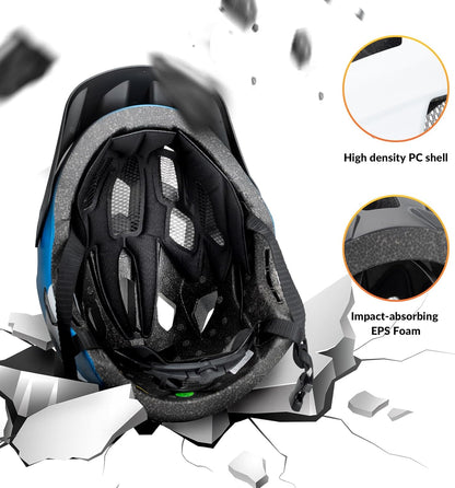 Black helmet with high-density PC shell and impact-absorbing EPS foam, surrounded by shattered white material.