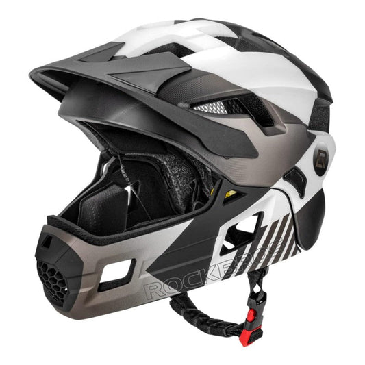 Black and white helmet with visible branding on a white background