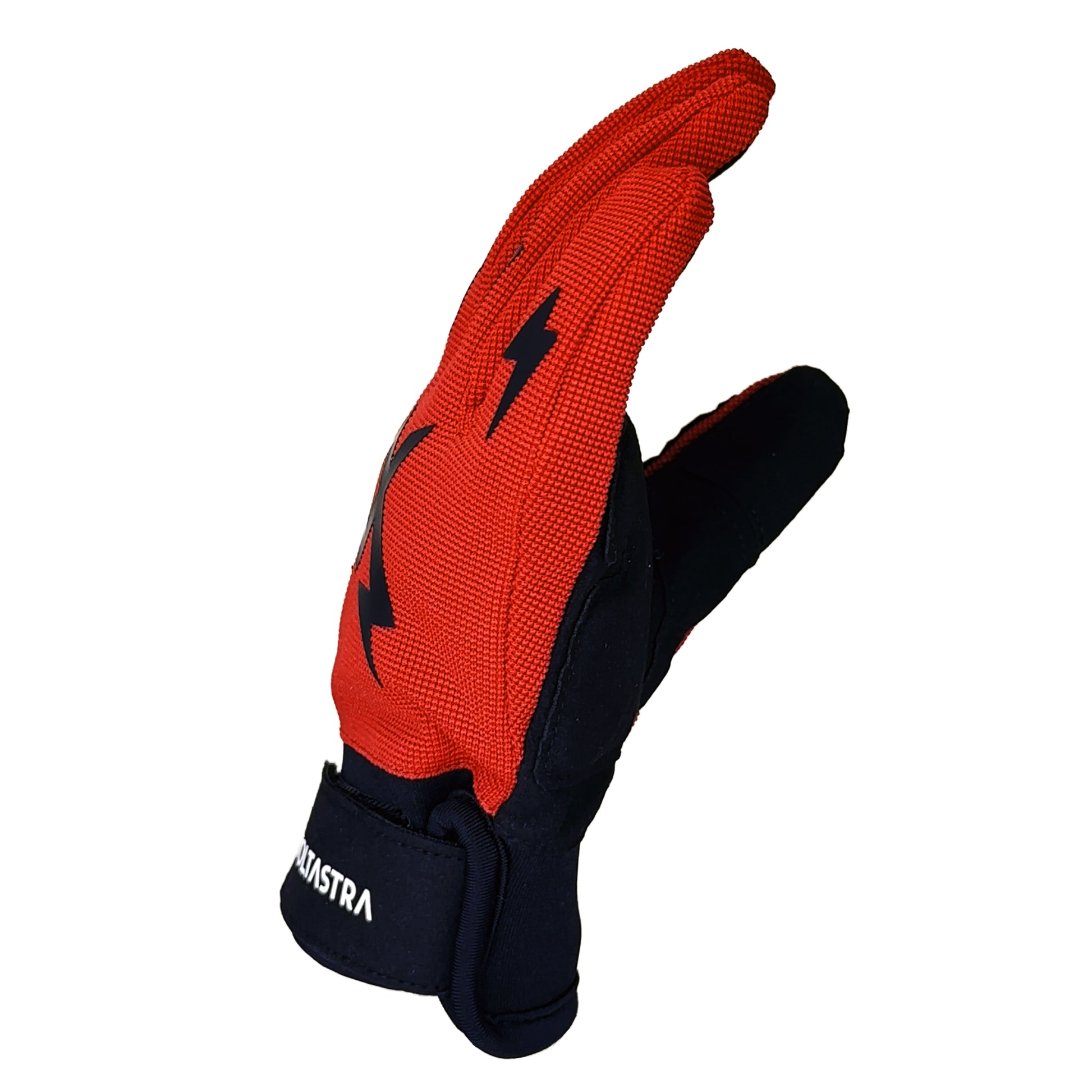 Red glove with black logo and Voltastra branding on a white background