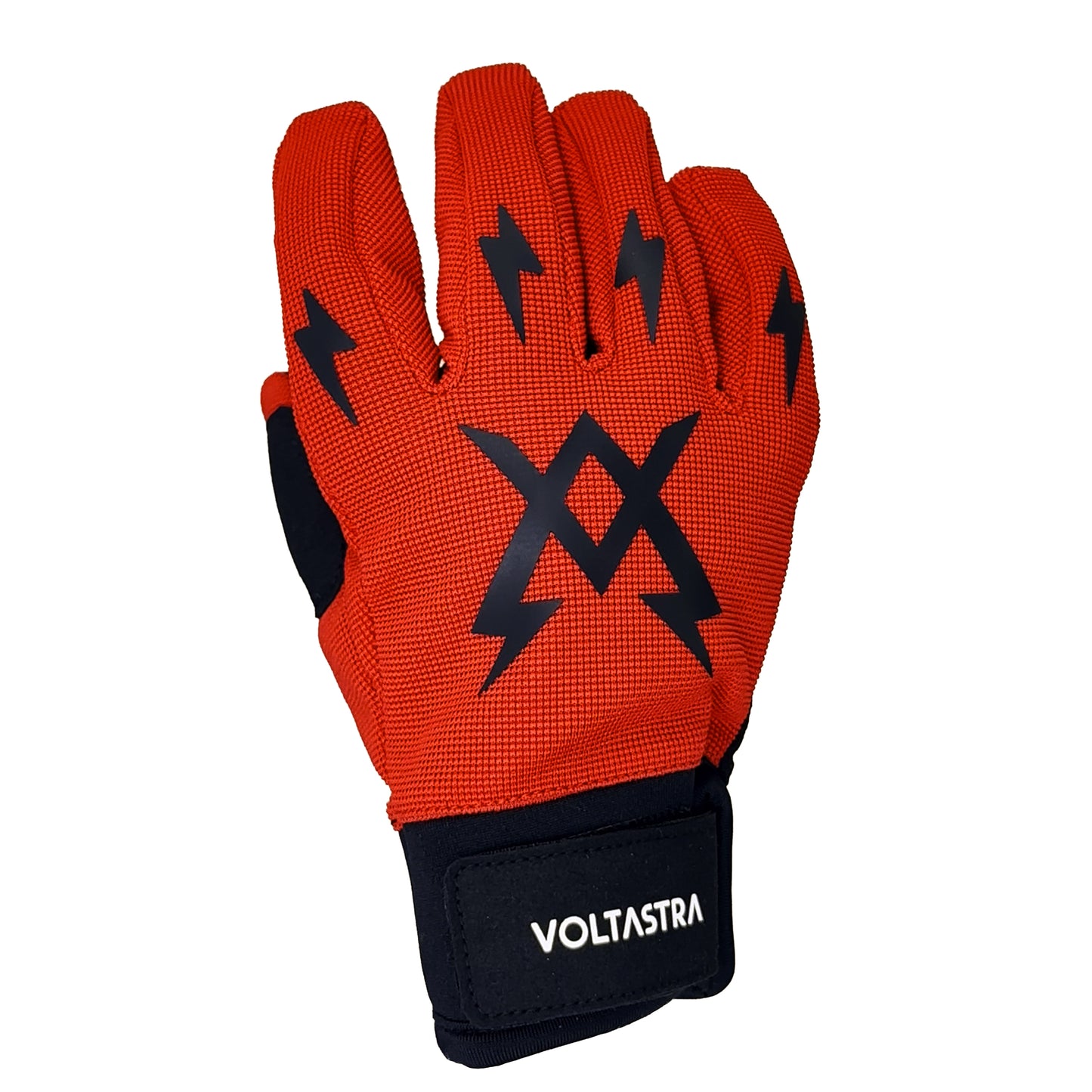 Red glove with black logo and Voltastra branding on a white background
