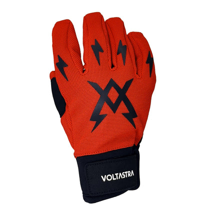 Red glove with black logo and Voltastra branding on a white background