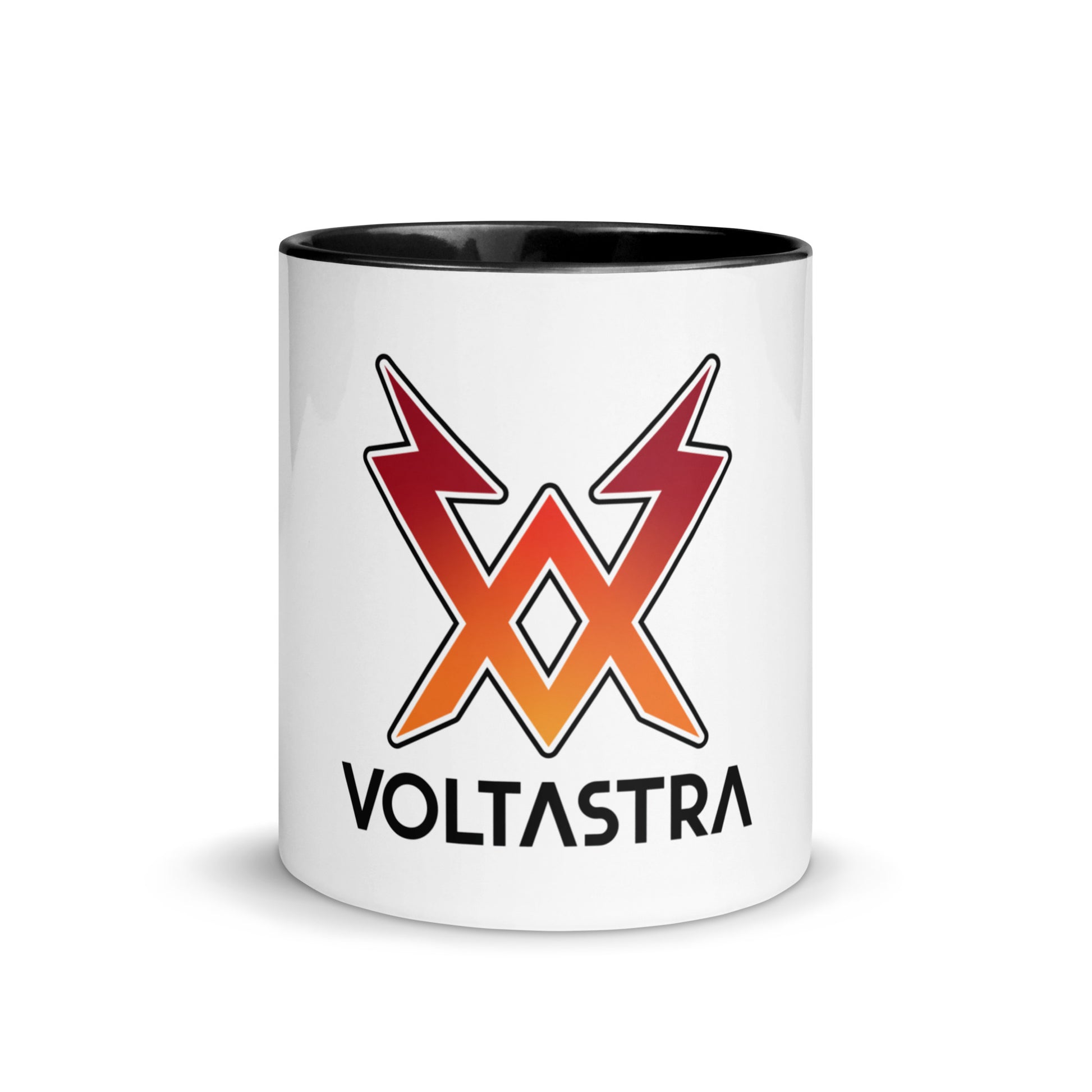 White mug with black interior and handle, with a red, black and orange Voltastra logo
