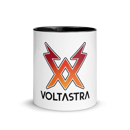 White mug with black interior and handle, with a red, black and orange Voltastra logo