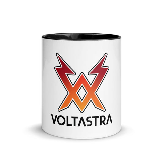 White mug with black interior and handle, with a red, black and orange Voltastra logo