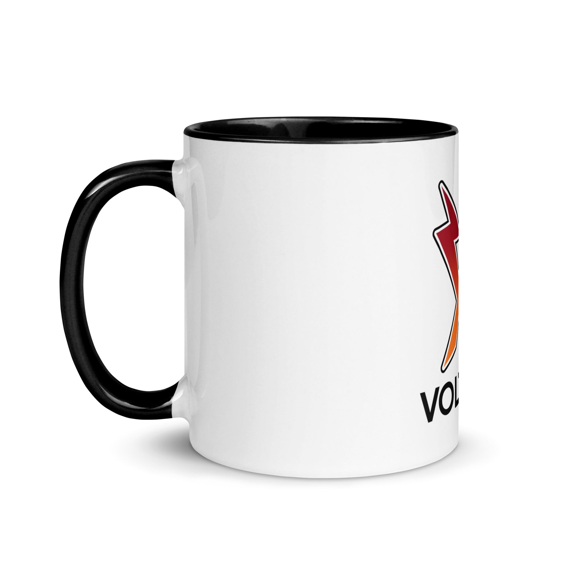 White mug with black interior and handle, with a red, black and orange Voltastra logo