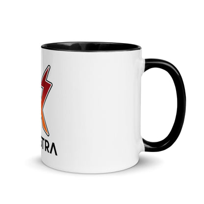 White mug with black interior and handle, with a red, black and orange Voltastra logo