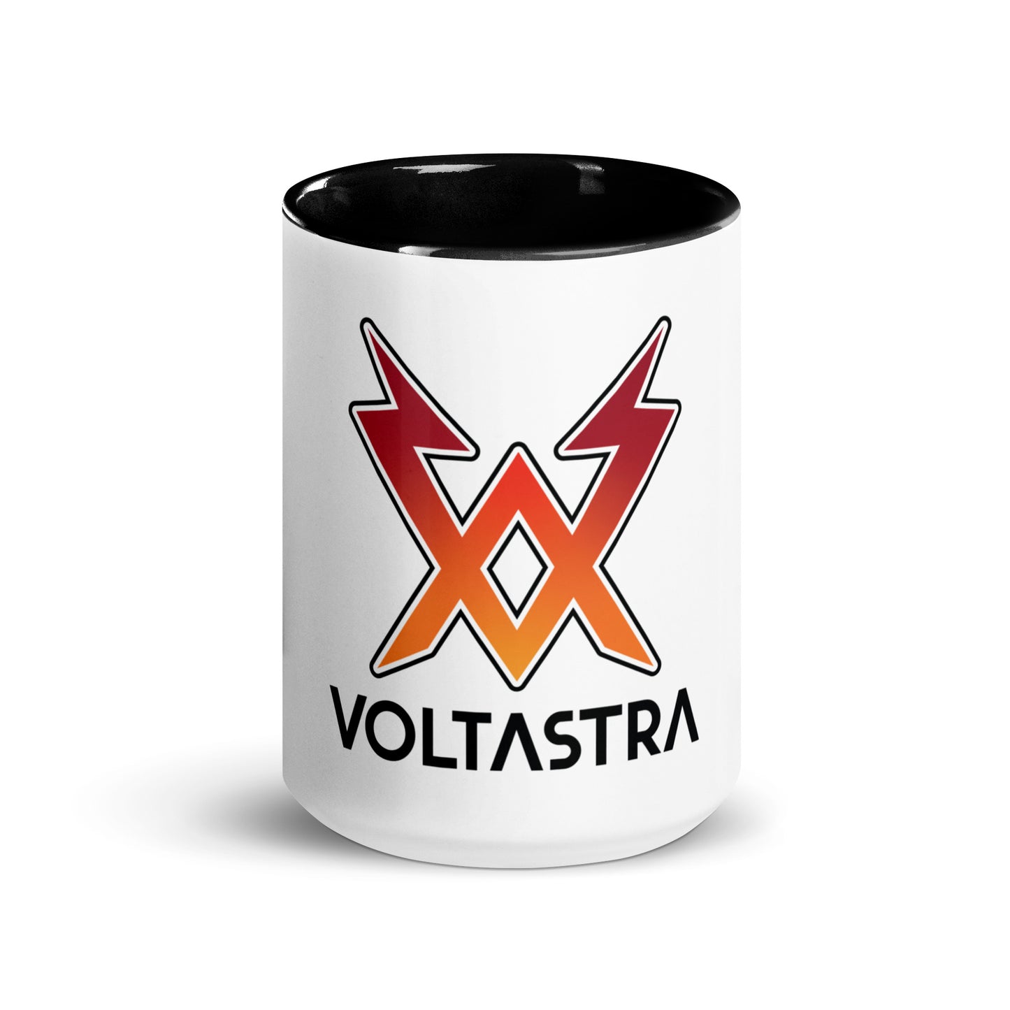 White mug with black interior with a red, black and orange Voltastra logo