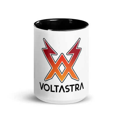 White mug with black interior with a red, black and orange Voltastra logo