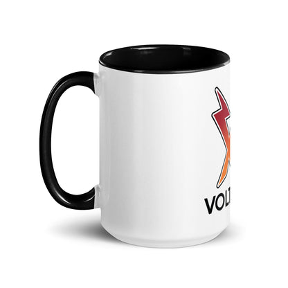 White mug with black interior and handle, with a red, black and orange Voltastra logo