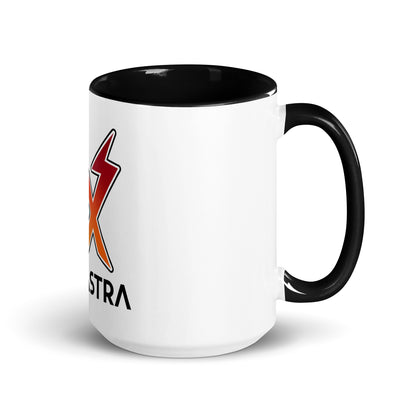 White mug with black interior and handle, with a red, black and orange Voltastra logo
