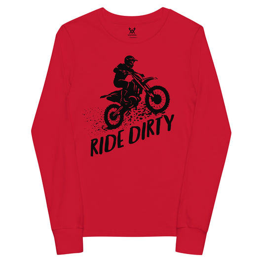 Red long-sleeve shirt with black dirt bike graphic and 'Ride Dirty' text