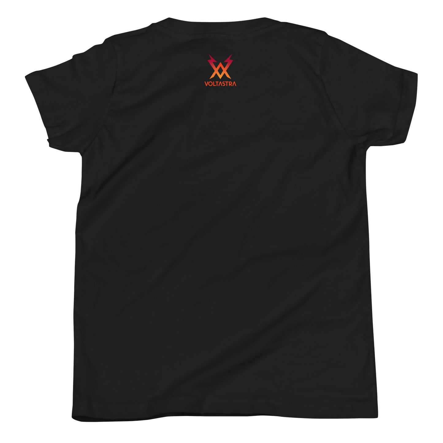 The back of a black t-shirt with a Voltastra logo in red and orange on the neck