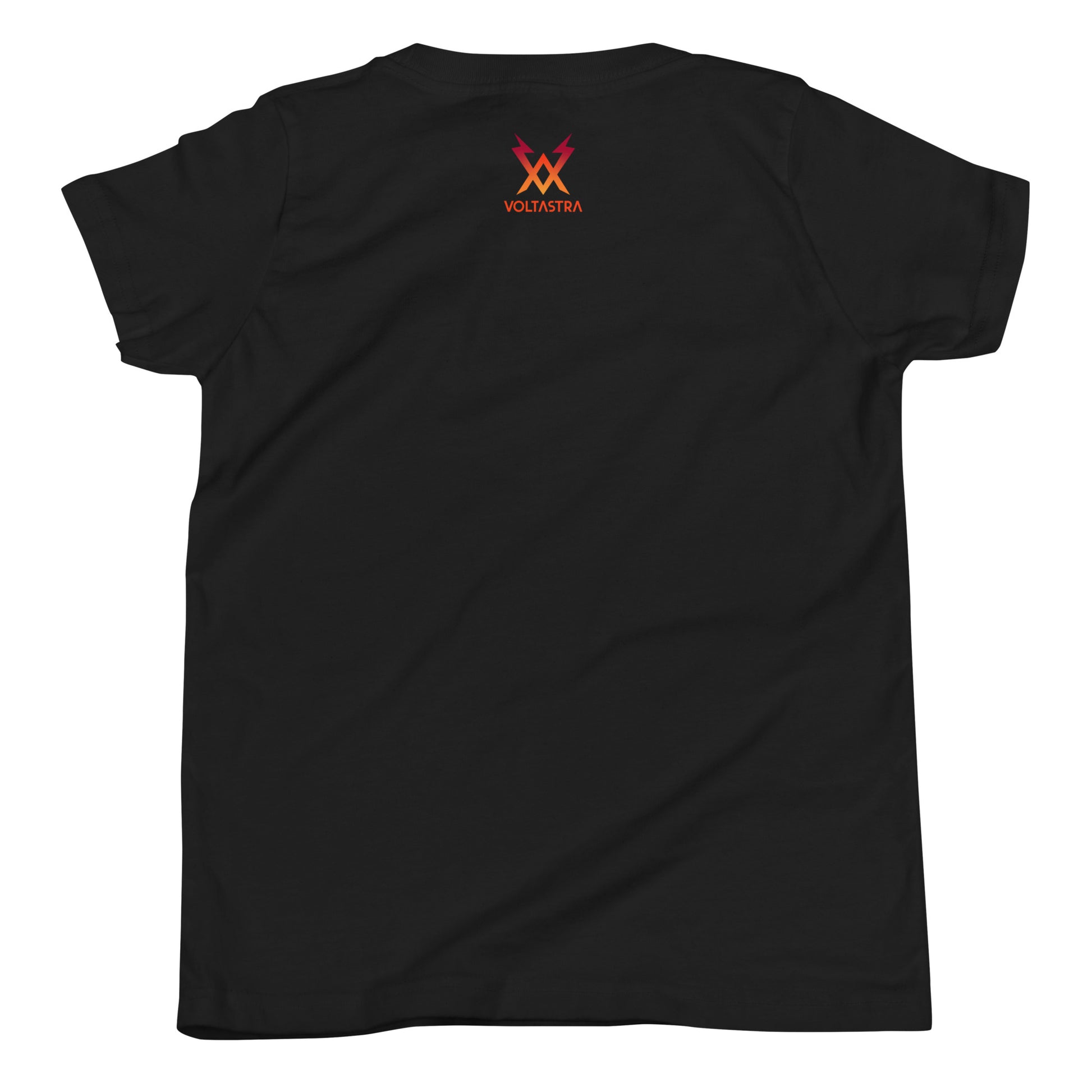 The back of a black t-shirt with a Voltastra logo in red and orange on the neck