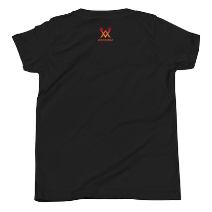 The back of a black t-shirt with a Voltastra logo in red and orange on the neck